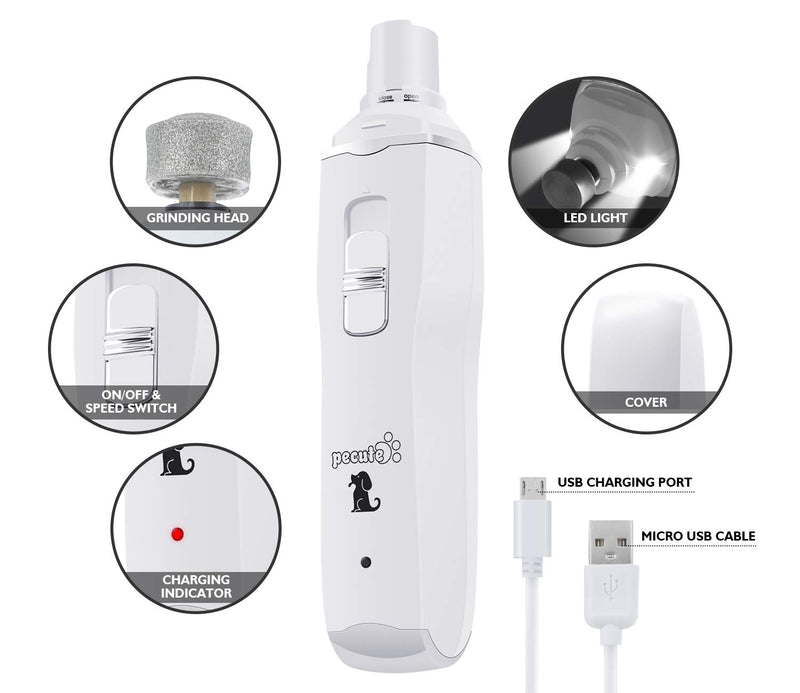 pecute Dog Nail Grinders with LED Light[2020 Upgraded],50DB Low Noise Electric Pet Nail File-2 Speed Safe Smooth Trimming-2 Hours Quick Charge,Strong Motor Great for Small to Large Pets(White) White - PawsPlanet Australia