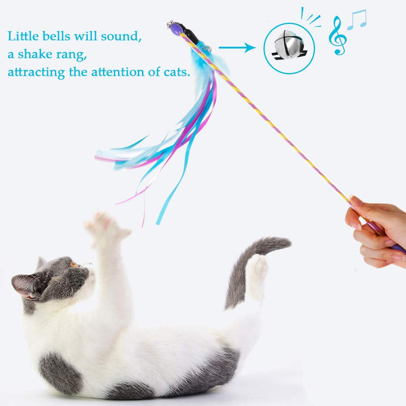 PowerKing Cat Wand,8 PCS Interactive Cat Toys Teaser Feather Toy include with Bell Feather Refills,Tassel Feather Replacement Cat wand-A - PawsPlanet Australia