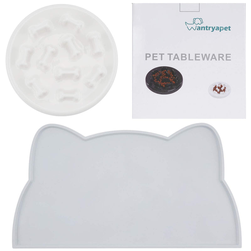 WANTRYAPET Dog Feeder Slow Bowl + Non-Slip Dog Bowl Mats, Ceramic Fun Slow Feed Interactive Bloat Stop Dog Bowl, Eco-Friendly Durable Preventing Choking Healthy Design Bowl for Dog Pet Slow Feeder Bone White - PawsPlanet Australia