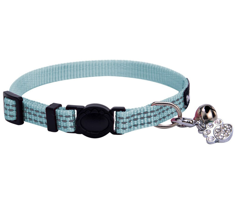 [Australia] - BINGPET Safety Nylon Reflective Cat Collar Breakaway Adjustable Cats Collars with Bell and Bling Paw Charm Light Blue 