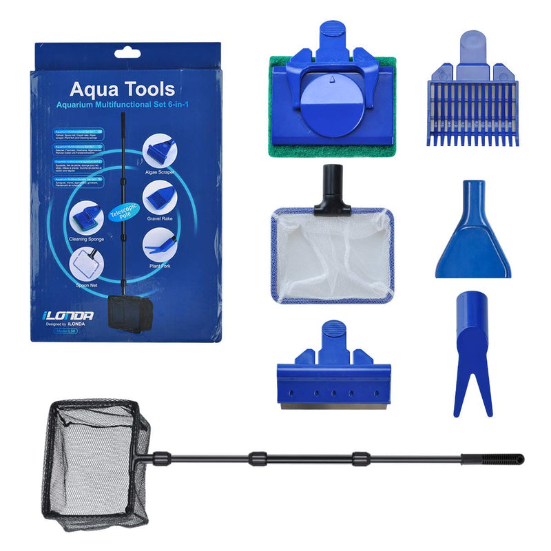 [Australia] - Songway 6 in 1 Aquarium Fish Tank Clean Set/Fish Net + Spoon Net + Gravel Rake +Plant Fork + Scraper + Sponge + Connector/Fish Tank Clean Maintenance Tools kit 