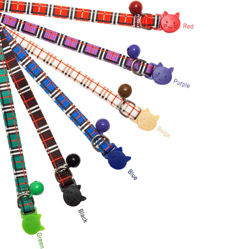 [Australia] - BINGPET Breakaway Cat Collars with Bell, Safety Buckle Plaid Patterns Mixed Colors, Adjustable Kitten Collars from 7.8-11.8 Inch, 6 Pack 