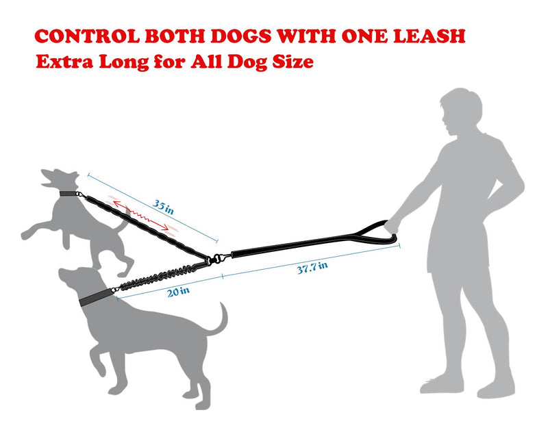 Double Dog Leash, Reflective, Shock Absorbing Effect, 360° Rotation, Bungee Design, Tangle Free, for Two Dogs Walking/Exercising (Black-Small Dog) For Small Dogs, Black - PawsPlanet Australia