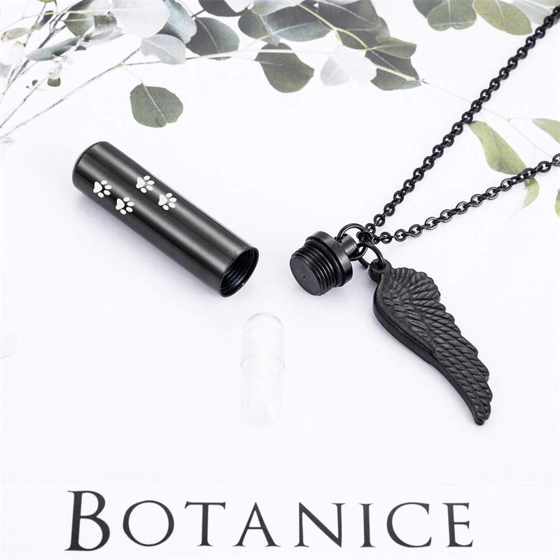 [Australia] - HooAMI Cremation Jewelry Urn Necklace for Ashes with Angel Wing Charm & Pet Paw Print Cylinder Black 48mm 