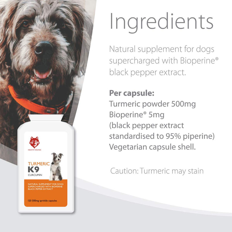 Turmeric K9 for Dogs and Pets 120 x 500mg equal to 10000mg Sprinkle Capsules | 100% Natural Turmeric Curcumin with Bioperine Black Pepper Extract | Joint Care Supplement & Antioxidant | UK Made 120 caps - PawsPlanet Australia
