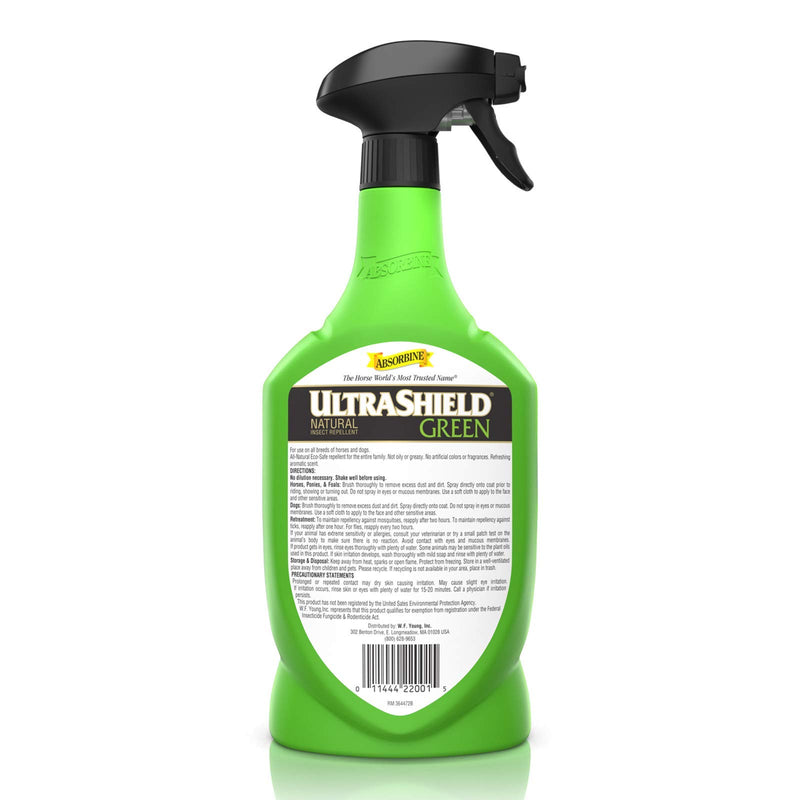 Absorbine UltraShield Green All-Natural Fly Spray for Horses & Dogs, Essential Botanical Oil Eco-Safe Formula Repels & Controls Ticks, Flies, Mosquitoes, Gnats, 32oz Quart Spray Bottle 32oz Quart w/Sprayer - PawsPlanet Australia