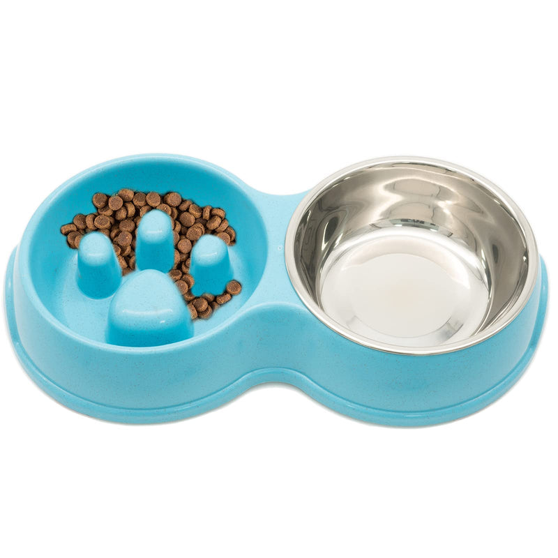 Fur & Bone Double Slow Feeder Dog Bowl for Cat Dog and Puppy - Interactive Feeder Slow Down Feed Pets Twin Feeding Bowl with Stainless Steel Detachable Dish and Non-Slip Bottom (Blue) Blue - PawsPlanet Australia