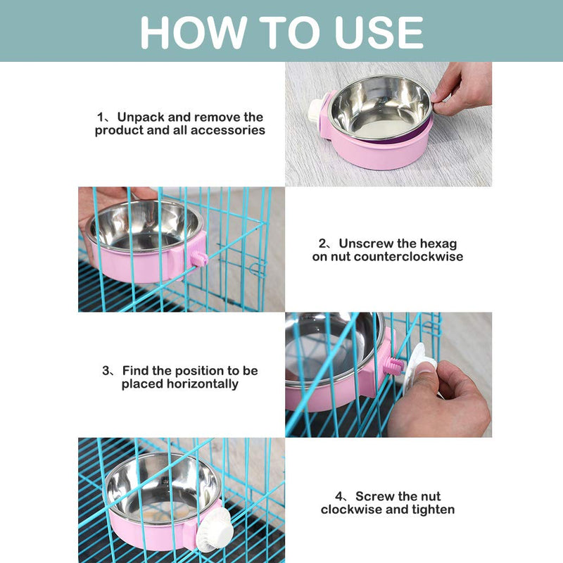 Crate Dog Bowl Stainless Steel Removable Food Bowl Feeder Pet Drink Water Dish Hanging on Cages for Puppy Cat Parrot Bird Pink - PawsPlanet Australia