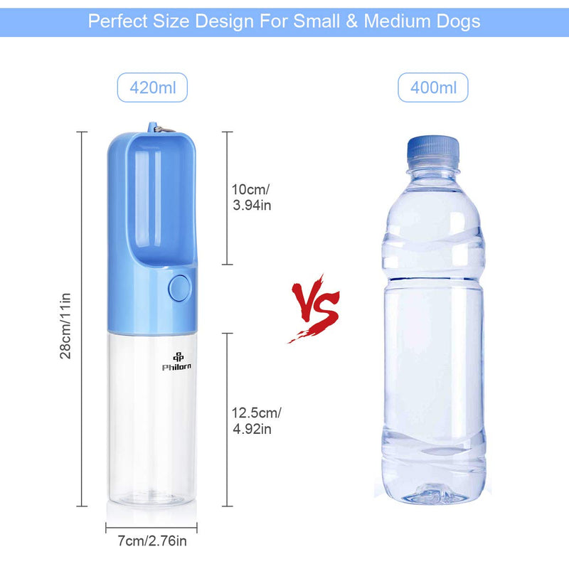 PHILORN Dog Water Bottle for Walking [420ml·14oz], Food Grade BPA free 100% Leakproof Portable Pet Travel Drink Cup, Outdoor Puppy Water Dispenser with Drinking Feeder, One-button Operation (Blue) Blue - PawsPlanet Australia
