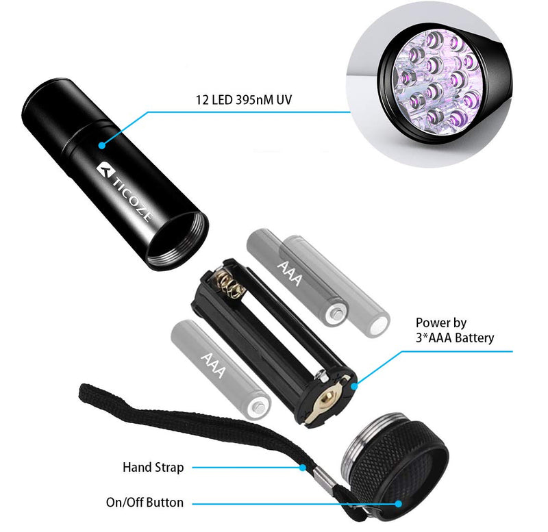 [Australia] - TICOZE UV Flashlight Black light 2 Pack 12 LEDS 395nM Blacklight Detector for Dog Urine Pet stains, Scorpion with 6 pcs AAA Batteries 