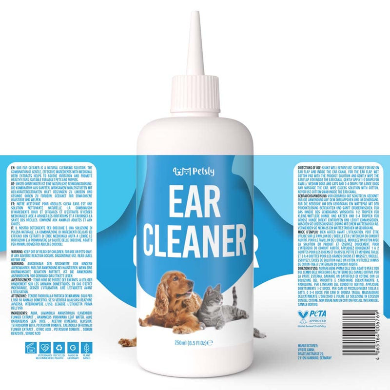 Petsly Protective Ear Cleaner Dog Care - Natural Ear Cleaner for Dogs with Nourishing Aloe Vera, Effective as a Dog Ear Cleaner Spray - or for Cats Ears, Dog Ear Care [250ml] - PawsPlanet Australia