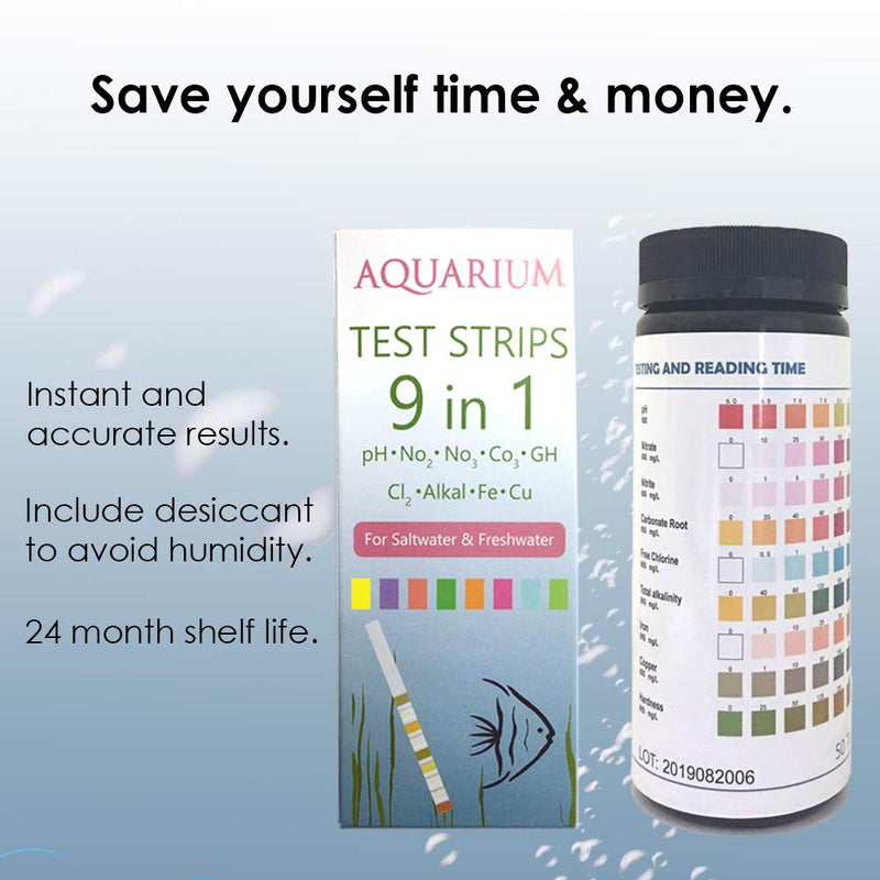 [Australia] - Qguai 9 in 1 Aquarium Test Strips, Water Test Strips for Saltwater Freshwater Pond Pool Spa, Test pH, Nitrate, Nitrite, Carbonate, Chlorine, Alkalinity, Hardness, Fast and Accurate,50-Strips 