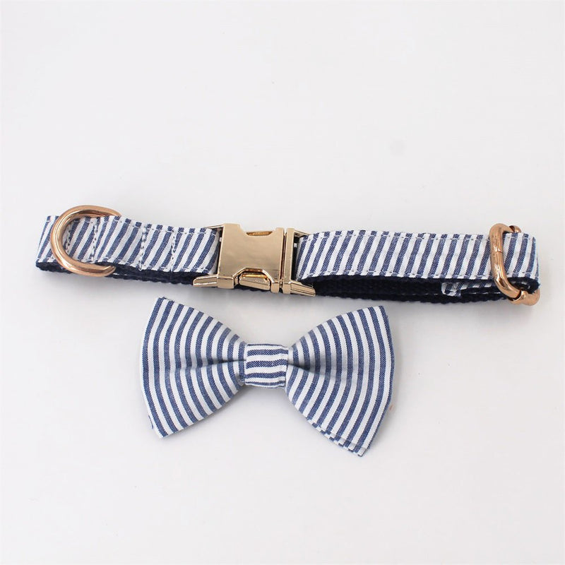 [Australia] - Free Sunday Blue Stripe Seersucker Dog Bow Tie Dog Collar Dog Leash for Small Dog, Medium Dog, Large Dog XS collar bow 