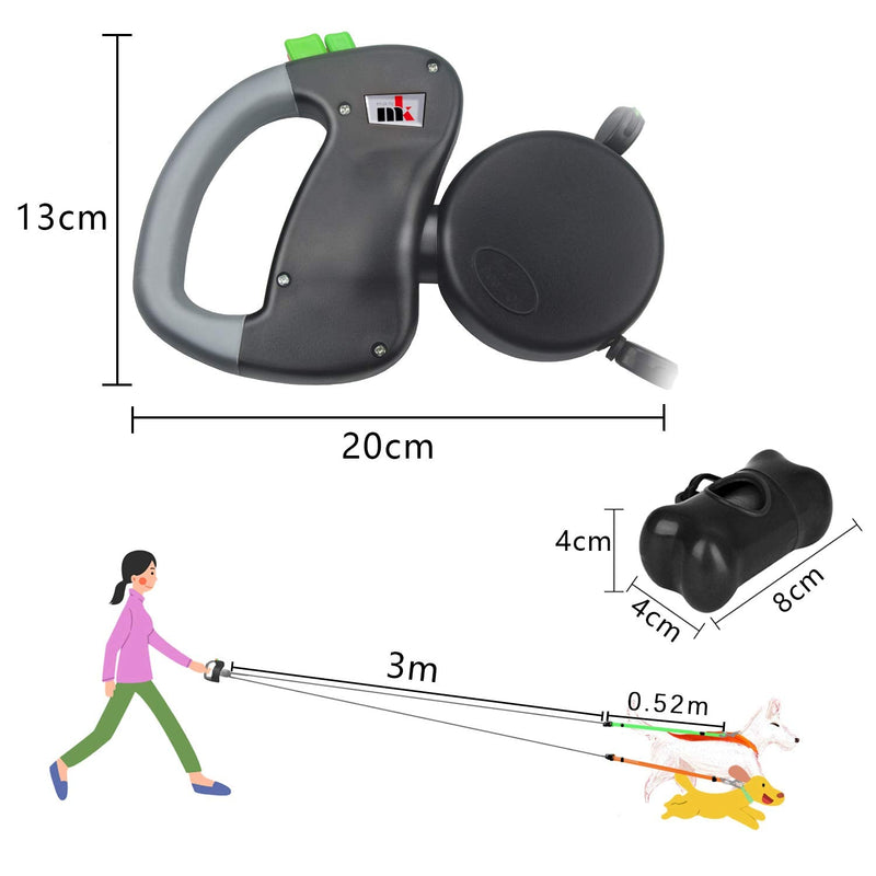 Double Retractable Dog Leash Makife Dual Doggie Pet Leash Dog Leash Automatic Dog Retractable Leash, Retractable 3m Suitable for Small and Medium Dogs Hiking Jogging 15pcs Dog Poop Bags - PawsPlanet Australia