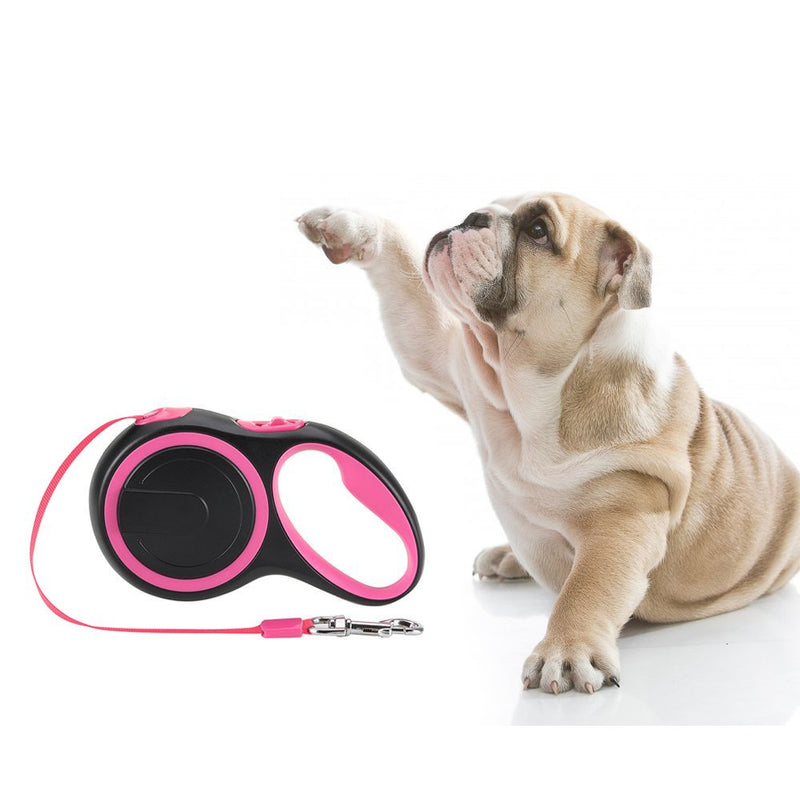 [Australia] - SlowTon Retractable Dog Leash, 16ft Walking Jogging Training Leash Polyester Tape Small Medium Dog up to 44lbs Hand Grip One Button Brake & Lock Black+Pink 