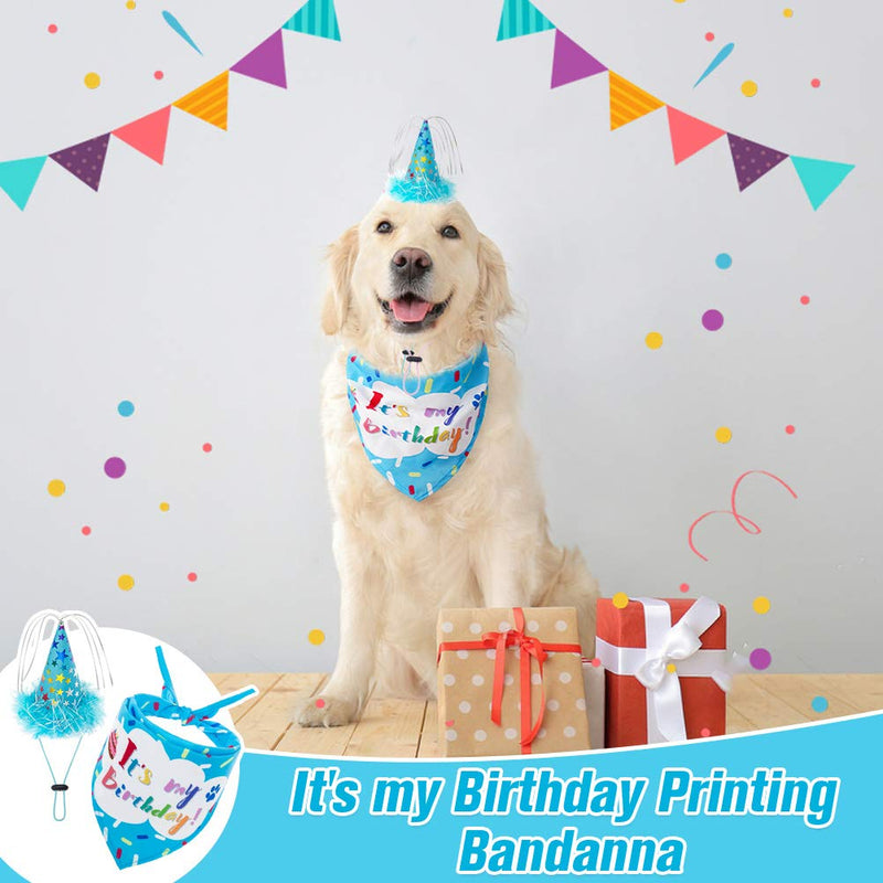 EXPAWLORER Dog Birthday Bandana Set - Cute Hat and Squeaky Cake Toy for Birthday Party Supplies Gift - Great for Small Medium Large Dogs Blue - PawsPlanet Australia