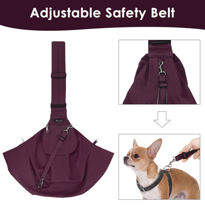 AUTOWT Dog Padded Papoose Sling, Small Pet Sling Carrier Hands Free Carry Adjustable Shoulder Strap Reversible Tote Bag with a Pocket Safety Belt Dog Cat Traveling Subway 3-8lbs Burgundy - PawsPlanet Australia