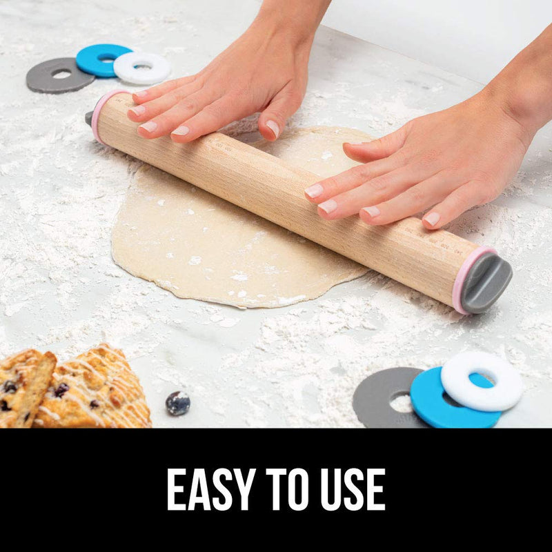 Gorilla Grip Premium Rolling Pin, Adjustable Dough Roller Solid Beechwood, Removable Thickness Rings to Measure Doughs Professional Home Kitchen Baking Utensil, Pizza Pies, Black Gray White Light Gray Black, Gray, White, Light Gray 1 - PawsPlanet Australia