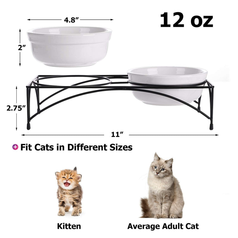 Y YHY Ceramic Raised Cat Bowls, 12 Ounces Cat Food or Water Bowls, Double Cat Dishes, Paw Print Pattern, White - PawsPlanet Australia