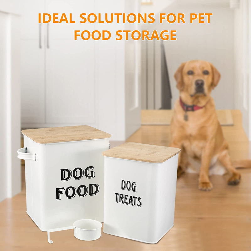 Pet Food and Treats Containers Set with Scoop for Cats or Dogs - Beige Powder-Coated Carbon Steel - Tight Fitting Wood Lids - Storage Canister Tins - Dog Food Dog Food Wood - PawsPlanet Australia