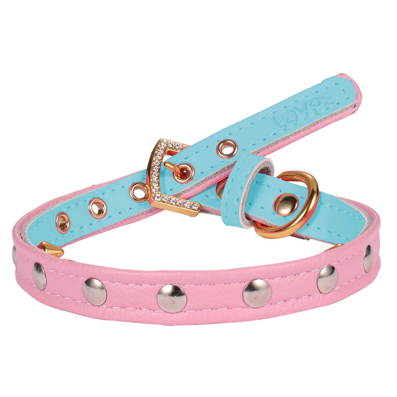 LOVPE Dog Collar/Cat Collar Golden Spiked Studded Double layer Leather Pet Collars with Golden Rhinestone Buckle for Puppy Cats Small Medium Dogs (S, Blue/Pink) S - PawsPlanet Australia