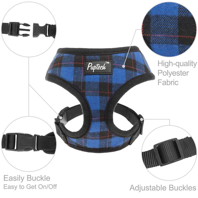 [Australia] - PUPTECK Soft Mesh Dog Harness with Leash - Plaid Adjustable Puppy No Pull Harnesses - Pet Padded Walking Vest S Blue 