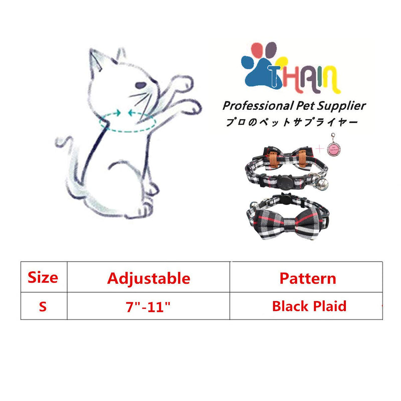 [Australia] - THAIN Cat Collar Breakaway with Bell and Bow Tie Safety Buckle with Name Tag Plaid Pattern Fruit Design Denim Dots Adjustable 7-11 inches for Kitten Cats Black Plaid 