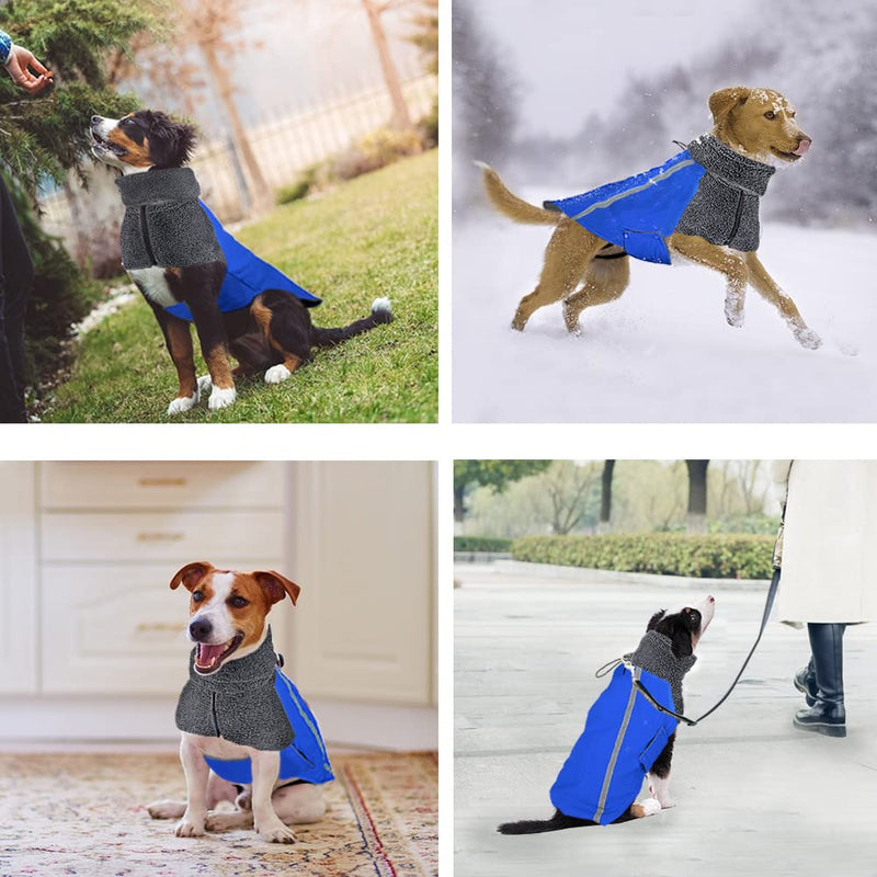 SlowTon Winter Dog Coat, Warm Polar Fleece Lining Doggie Outdoor Jacket with Turtleneck Scarf Reflective Stripe Adjustable Waterproof Windproof Puppy Vest Soft Pet Outfits Blue Large (Chest 24.8"-28.7") - PawsPlanet Australia