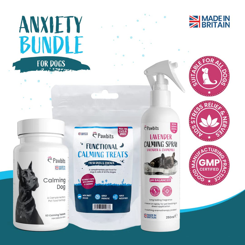 Dog Anxiety Pack | 3 Calming Products | for Stressed & Anxious Dogs | 60 Calming Dog Tablets | Lavender Calming Spray | Calming Dog Treats - Grain Free UK Made Training Treats - PawsPlanet Australia