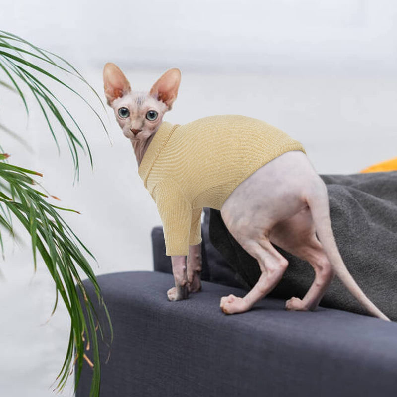 Hairless Cat Vest Turtleneck Breathable Adorable Cat Clothes Pullover Kitten T-Shirts with Sleeves Cat Pajama Jumpsuit for Sphynx, Cornish Rex, Devon Rex, Peterbalg XL(8.8-10lbs) Khaki - PawsPlanet Australia