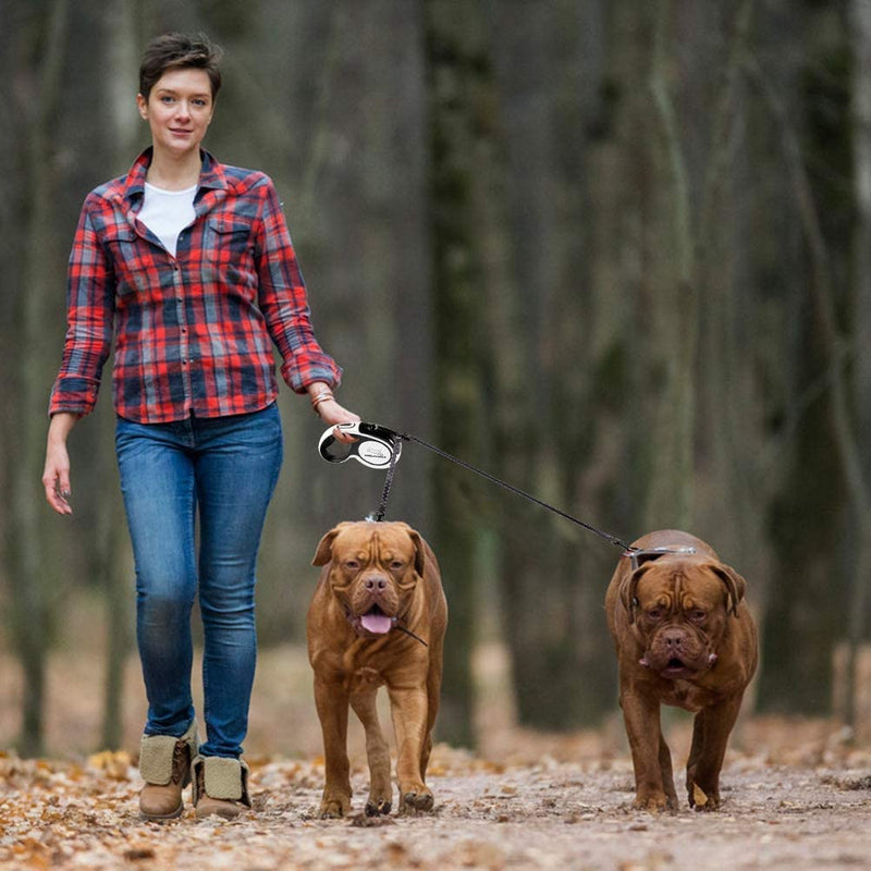 Dual Retractable Dog Leash - Double-Head Lockable Extendable Pet Leash - 16ft Reflective Nylon Ribbon - 360° Tangle-Free for Two Dogs Walking Training, Up to 160 lbs Total, 80 lbs Each - PawsPlanet Australia