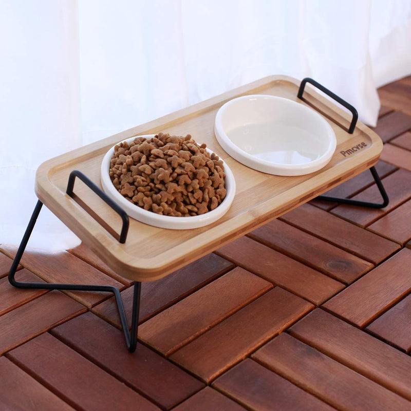 Pmcvse Elevated Ceramic Cat Bowls, 15° Tilted Raised Food Feeding Dishes, with Stand Bamboo Water Feeder Set for Small Size Dogs and Puppy - PawsPlanet Australia