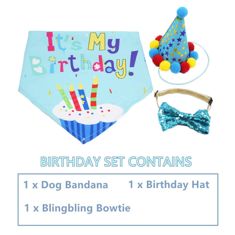 Dog Birthday Bandana Scarf and Dog Girl Boy Birthday Party Hat with Cute Dog Bow Tie Collar for Small Medium Dog Pet Large Blue - PawsPlanet Australia