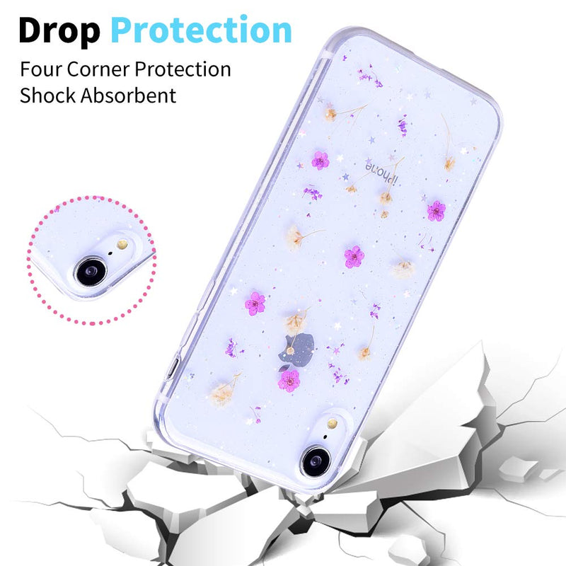 OKZone for iPhone XR (6.1 Inches) Case [with HD Screen Protector], [Dried Flowers] Silicone Shockproof Clear Glitter Floral Cover Soft Resin Art Craft Bling Protective Case (Purple) Purple - PawsPlanet Australia