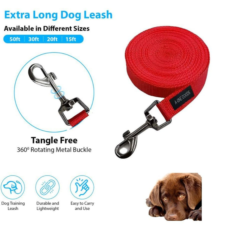 Dog Training Leash 50ft, 30ft, 20ft, and 15ft Long Leads, for Dog Training | Extra Long Line Dog Leash with Handle Great for Puppies & Dogs Training |Dog Leash| Nylon Durable Traction Rope Red - PawsPlanet Australia