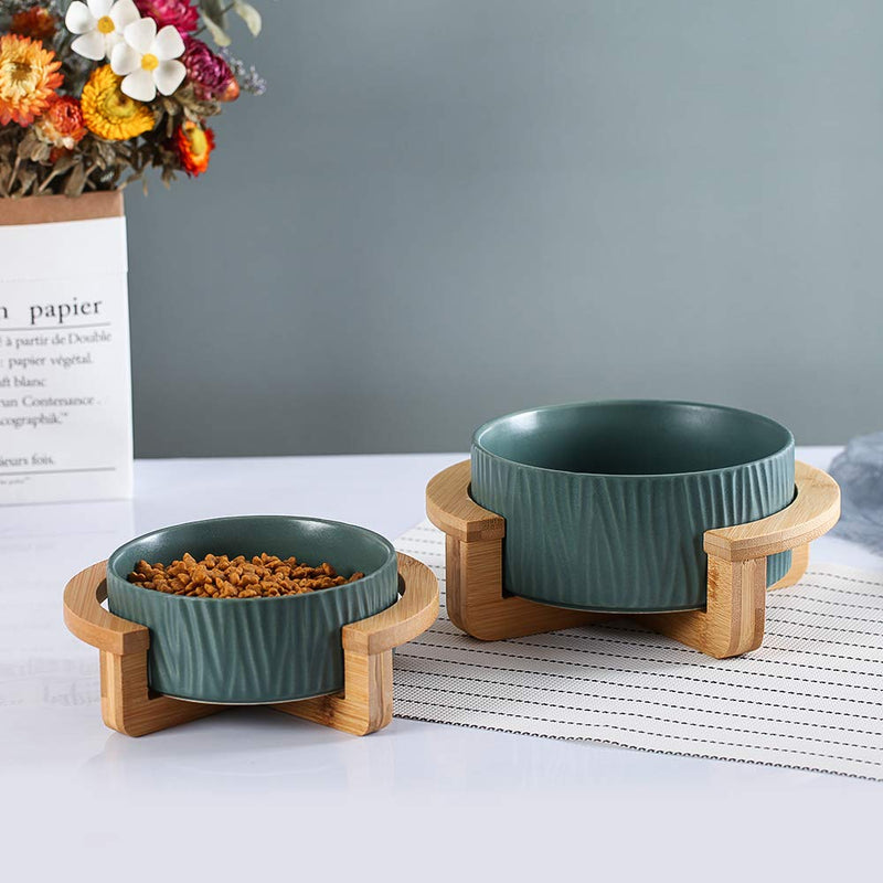 HCHLQLZ Green 5 inch Ceramic Cat Bowl with Wood Stand No Spill Pet Food Water Feeder Cats Small Dogs - PawsPlanet Australia