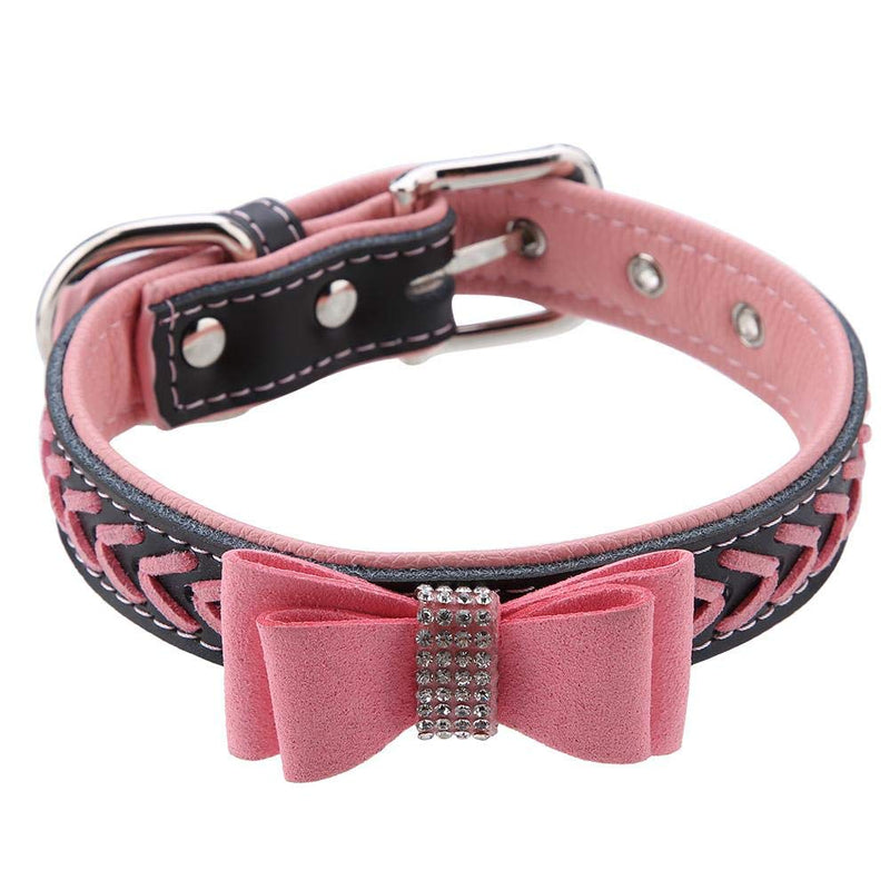 Fdit Dog Collar Bow Tie Rhinestone Studded Soft PU Pet Necklaces(S-Pink) S Pink - PawsPlanet Australia