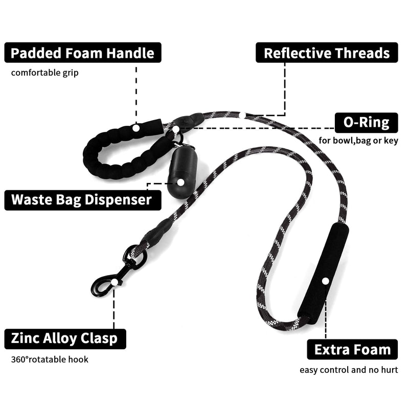 NESTROAD Rope Dog Leash Heavy Duty,Add a Movable Sponge for Easy Control,Reflective Threads Dog Leashes with Comfortable Handle for Medium Large Dogs Walking with Poop Bags and Dispenser(5FT,Black) 1 Pack Climbing Rope Black - PawsPlanet Australia