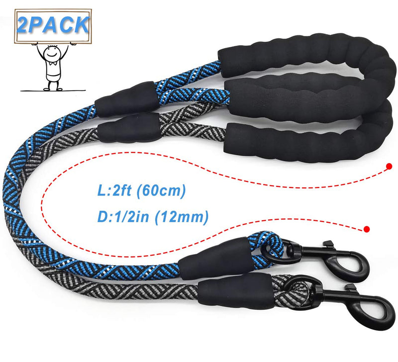 [Australia] - Mycicy 2 Pack 2FT Rope Dog Leash, Strong Nylon Short Dog Leash with Comfortable Padded Handle, Easy Control and Walking Traffic Leash for Large and Medium Dogs 2ft x 1/2" 2Pack-Black+Blue 