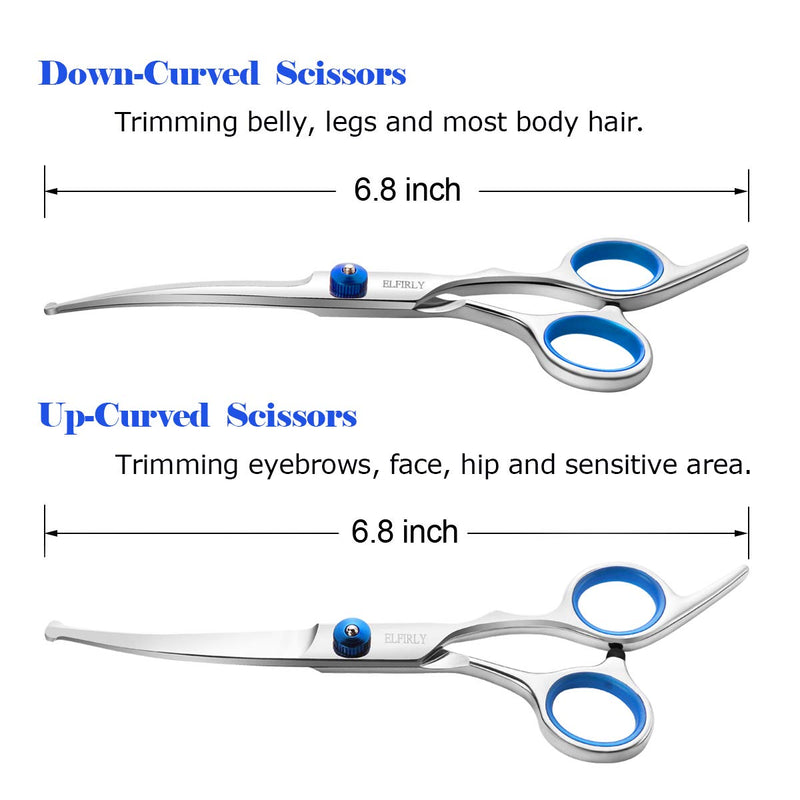 Elfirly Professional Dog Grooming Scissors Kit Stainless Steel Round Tip Cutting Curved Scissors Thinning Shears Grooming Comb Pet Hair Trimming Scissors with Extra Dog Nail Clippers for Dogs and Cats Blue - PawsPlanet Australia