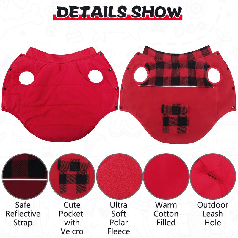 Reversible Dog Winter Clothes - Polar Fleece Dog Jacket, Pet Cold Weather Coats Windproof for Small Medium Large Dogs, Warm Dog Vest with Pocket, Christmas Suit Xmas Gifts Classic Red Plaid Large - Body Length 21" - PawsPlanet Australia