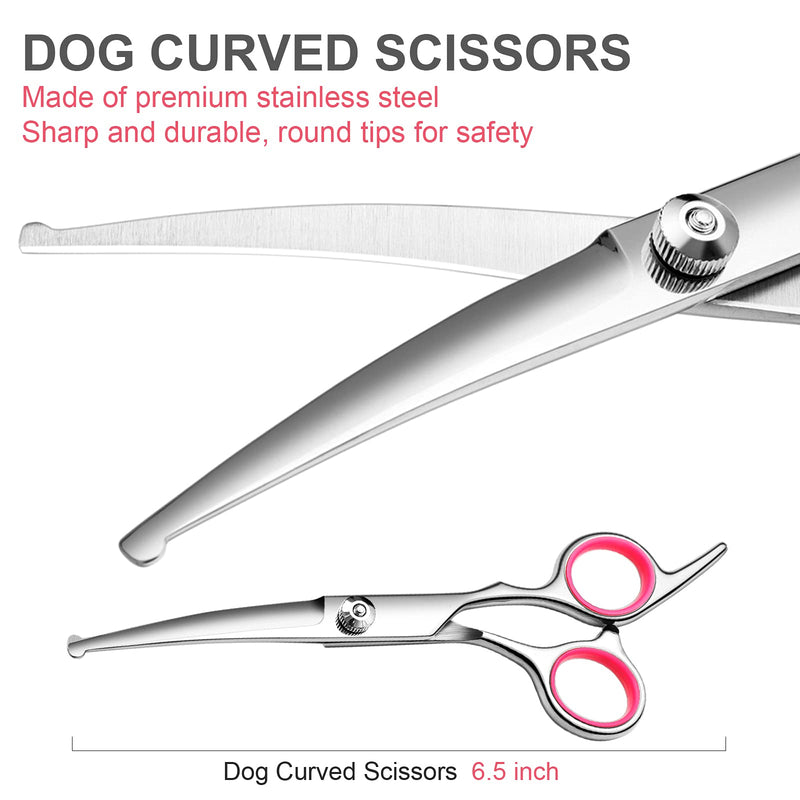 Dog Grooming Scissors Kit with Safety Round Tips Stainless Steel Professional Dog Grooming Shears Set - Thinning, Curved Scissors and Comb for Dog Cat Pet - PawsPlanet Australia