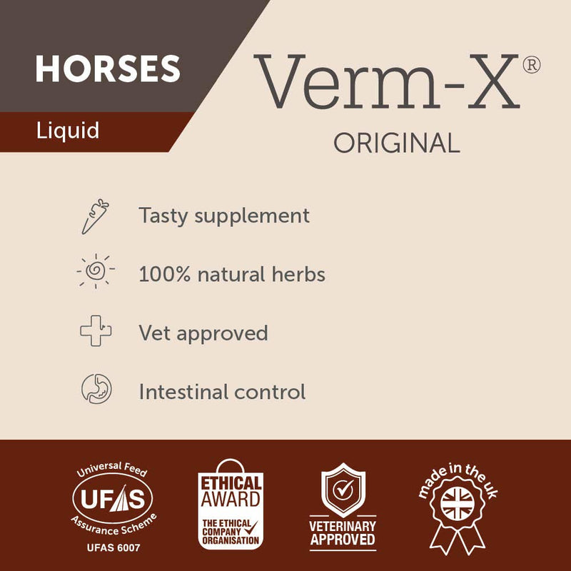 Verm-X 100% Natural Liquid for Horses and Ponies. Supports  Intestinal Hygiene. Vet Approved. UFAS Assured. Contains  Prebiotic for Gut Biome Quality 1 Litre - PawsPlanet Australia