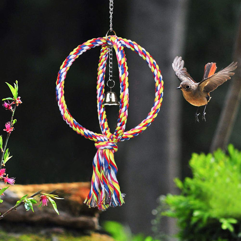 LeerKing Bird Perches Parrot Cotton Rope Bungee Bird Toy with Bell Spherical Swing Perch Toy with Double Rainbow Ring - PawsPlanet Australia