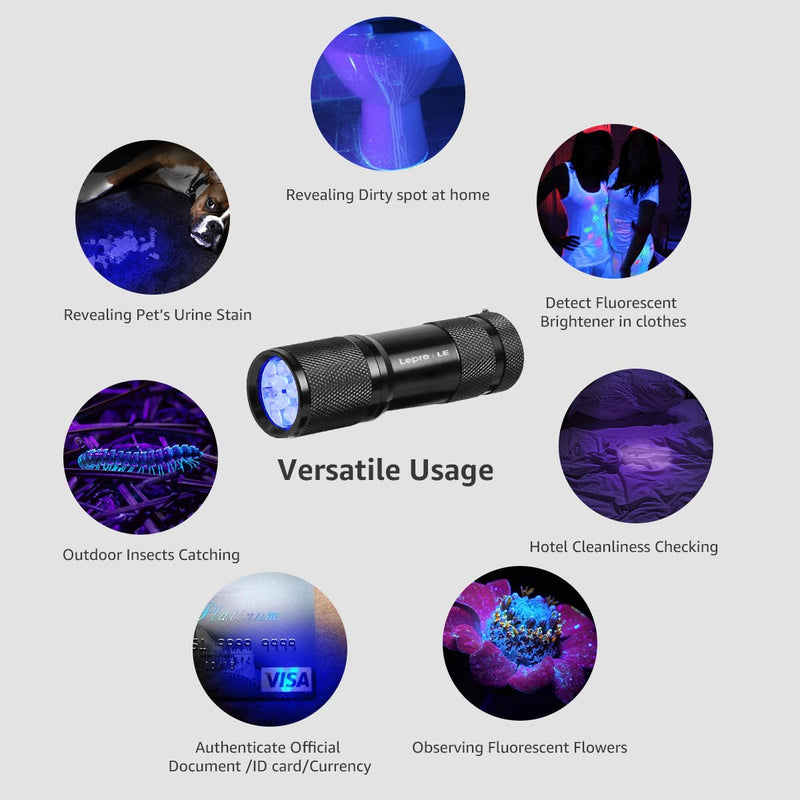 Lepro LED UV black light flashlight with 9 LEDs, mini UV lamp ultraviolet light with 395nm for geocaching, pet urine detectors, pet urine detector etc. Includes 3 AAA batteries 1 - PawsPlanet Australia