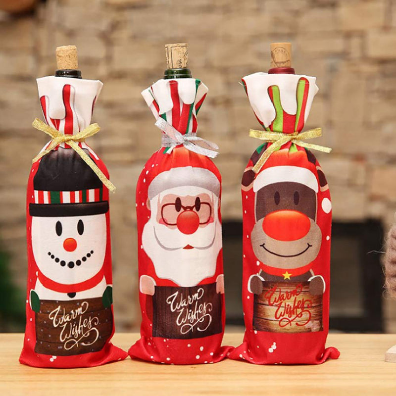 SCXCOPIDO Christmas Wine Bottle Cover Bags with Drawstrings，Christmas Gift Santa Snowman Elk Wine Bags,Xmas Party Dinner Table Decorations 6pcs - PawsPlanet Australia