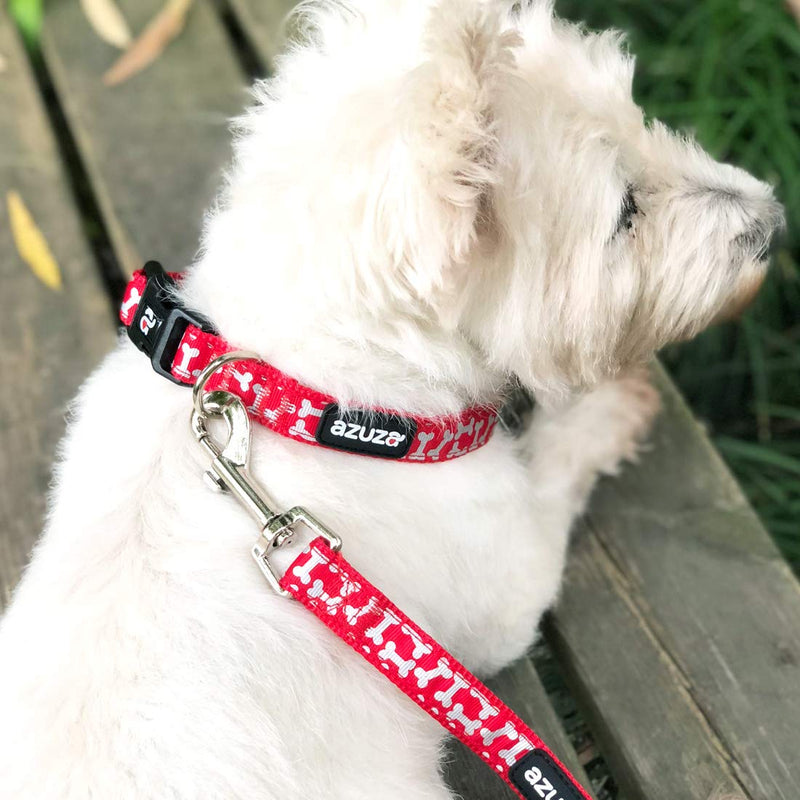 [Australia] - azuza Dog Collar and Leash Set, Fun Colors and Patterns, Adjustable Nylon Collar with Matching Leash for Small Medium and Large Dogs S (Neck: 11"-16") Bone Red 