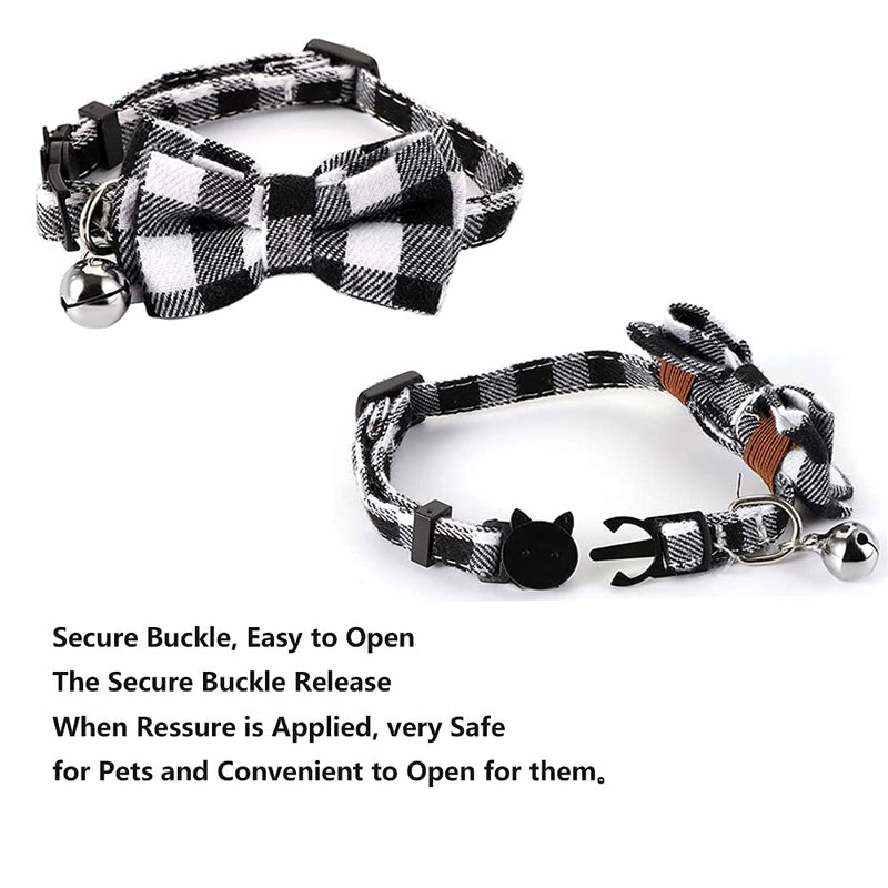 kingkindsun Quick Release Cat Collar with Bell and Bow Tie, Cute Plaid Patterns, 2 Pack Safety cat Collars (Black + Brown) Black+Brown - PawsPlanet Australia