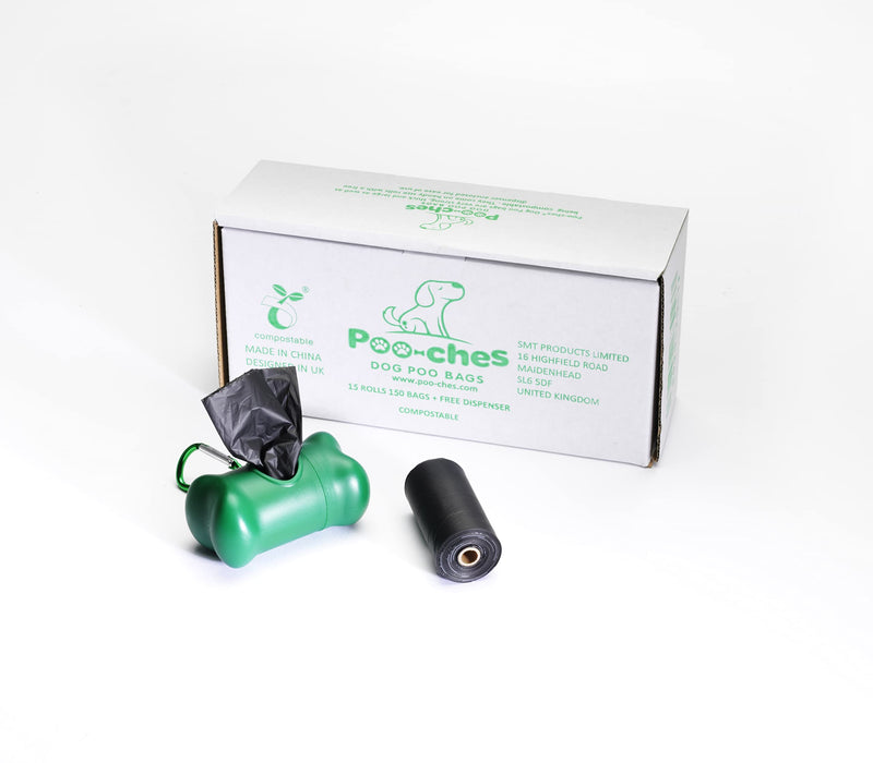 Poo-ches® Premium compostable dog poop bags, 150 pieces on a roll, extra strong and extra large, dispenser and leash clip included - PawsPlanet Australia