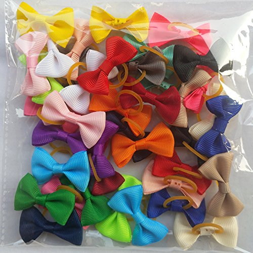 Chenkou Craft New 40pcs(20pairs) Puppy Yorkie Dog Hair Bow Pure Ribbon with Rubber Band 40mm Pet Grooming Products Mix Colors Varies Patterns Pet Hair Bows (Pure Ribbon Rubber Bow) - PawsPlanet Australia